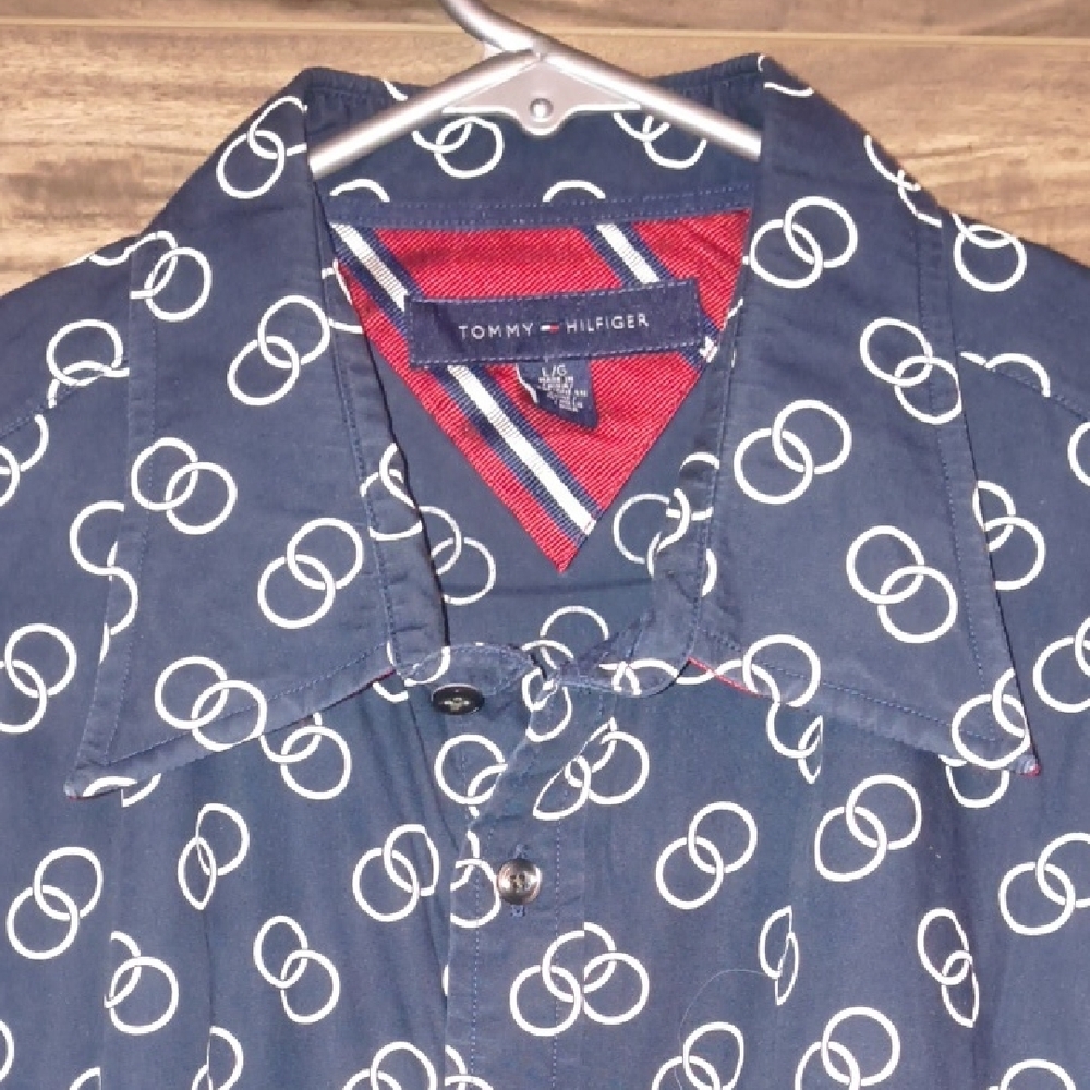 Tommy Hilfiger - Navy Blue "Interlocking Ring Print"  Long Sleeve Button Down - Picture 7 of 8